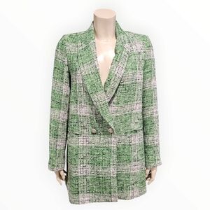ZARA Women Green Tweed Plaid Frock Double Breasted Blazer Jacket S
